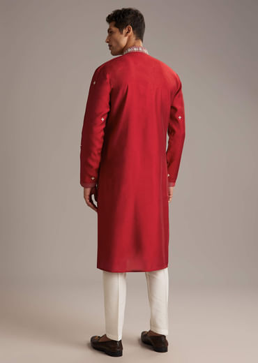 Red Silk Kurta Set For Men With Mirror And Thread Work