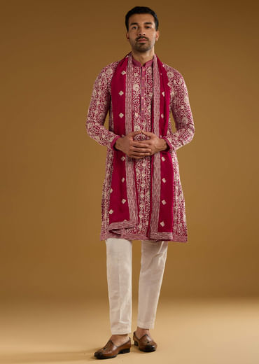 Red Silk Kurta Set For Men With Resham Embroidery