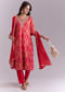 Red Silk Kurta Set With Bandhani Print And Embroidery