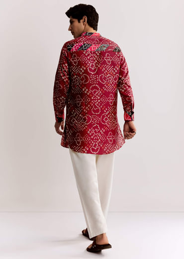Red Silk Kurta Set With Bandhani Print