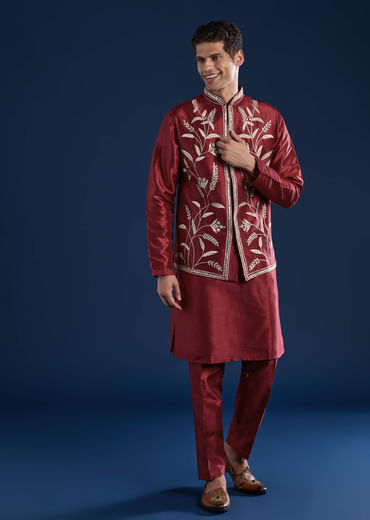 Red Silk Mirror Work Kurta and Jacket Set