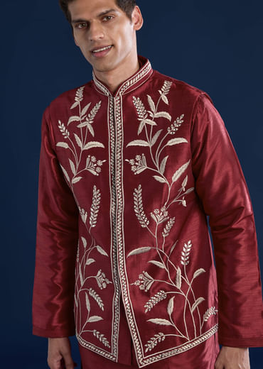 Red Silk Mirror Work Kurta and Jacket Set