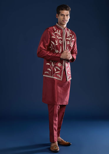 Red Silk Mirror Work Kurta and Jacket Set