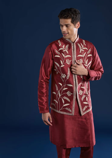 Red Silk Mirror Work Kurta and Jacket Set