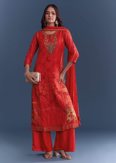 Red Silk Palazzo Suit With Indie Print And Hand Embroidery