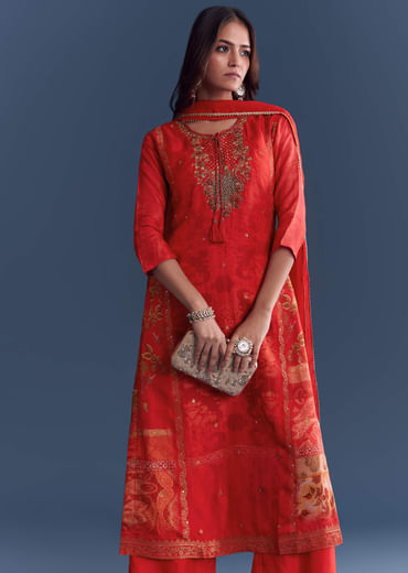 Red Silk Palazzo Suit With Indie Print And Hand Embroidery
