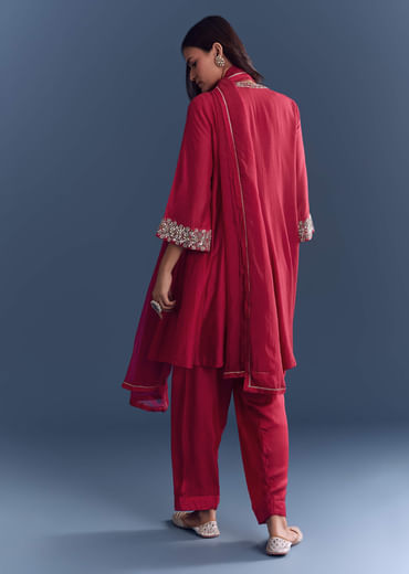 Red Silk Patiala Suit With Mirror And Cutdana Embroidery