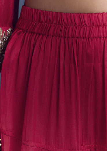 Red Silk Patiala Suit With Mirror And Cutdana Embroidery