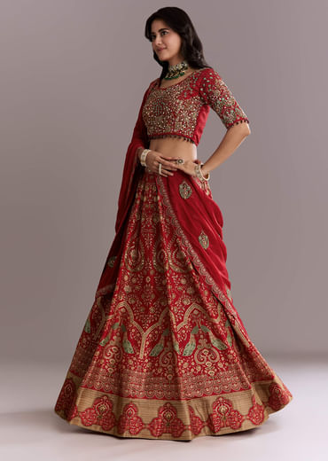 Red Silk Printed Bridesmaid Lehenga With Intricate Hand Embroidery