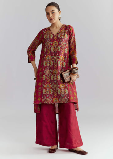 Red Silk Printed Co Ord Set With Heavy Embroidery