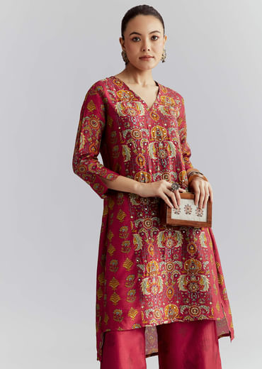 Red Silk Printed Co Ord Set With Heavy Embroidery