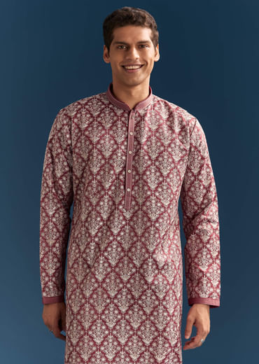 Red Silk Printed Kurta Set For Men With Thread Embroidery