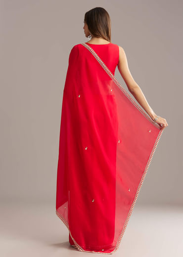 Red Silk Saree With Stone And Cutdana Embroidery