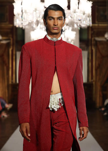 Red Silk Sherwani For Groom With Bead And Zardosi Embroidery