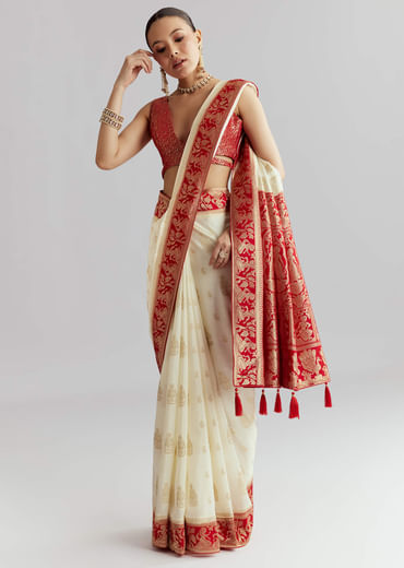 Red Silk Woven Saree With Traditional Human Motifs And Brocade Work