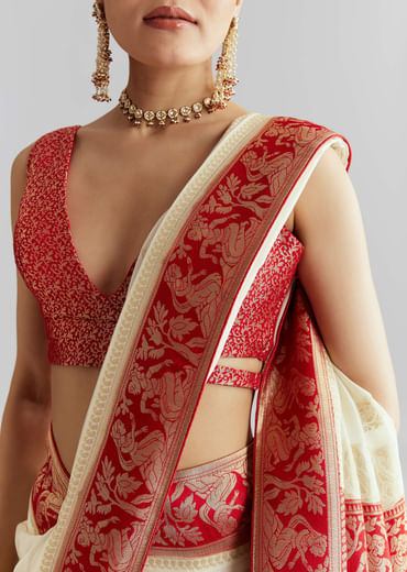 Red Silk Woven Saree With Traditional Human Motifs And Brocade Work