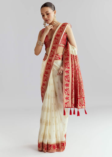 Red Silk Woven Saree With Traditional Human Motifs And Brocade Work