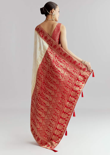 Red Silk Woven Saree With Traditional Human Motifs And Brocade Work