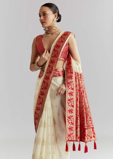 Red Silk Woven Saree With Traditional Human Motifs And Brocade Work
