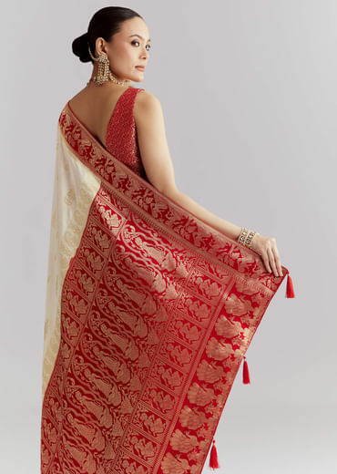 Red Silk Woven Saree With Traditional Human Motifs And Brocade Work