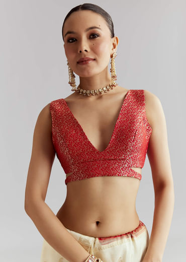 Red Silk Woven Saree With Traditional Human Motifs And Brocade Work