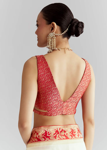 Red Silk Woven Saree With Traditional Human Motifs And Brocade Work