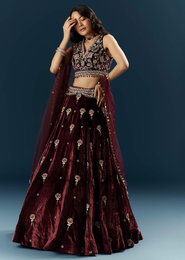 Red Velvet Bridal Lehenga With Cutdana And Beads Embroidery