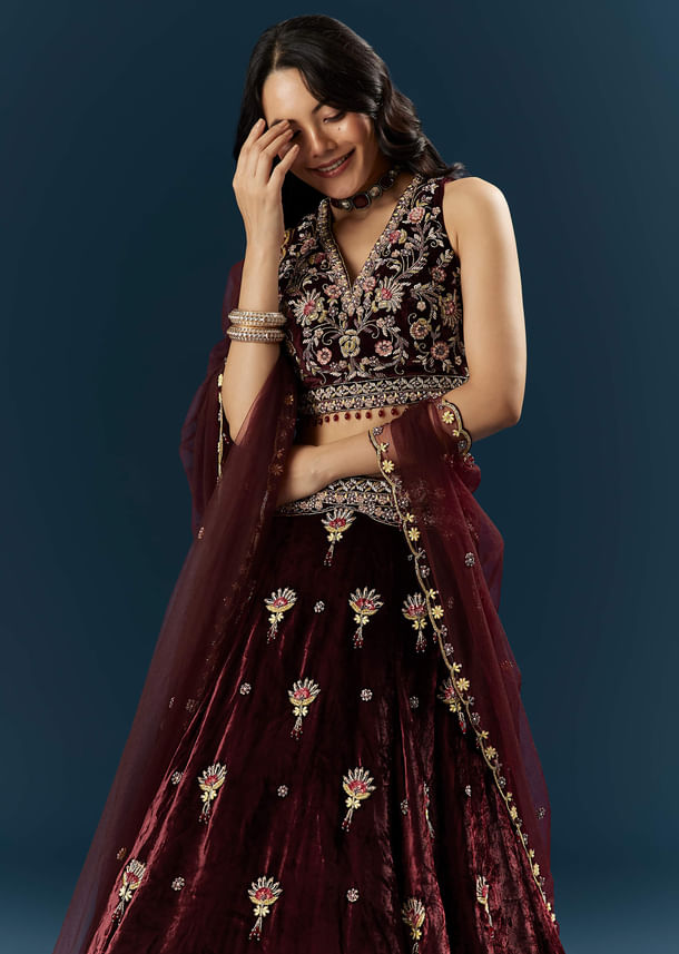Red Velvet Bridal Lehenga With Cutdana And Beads Embroidery