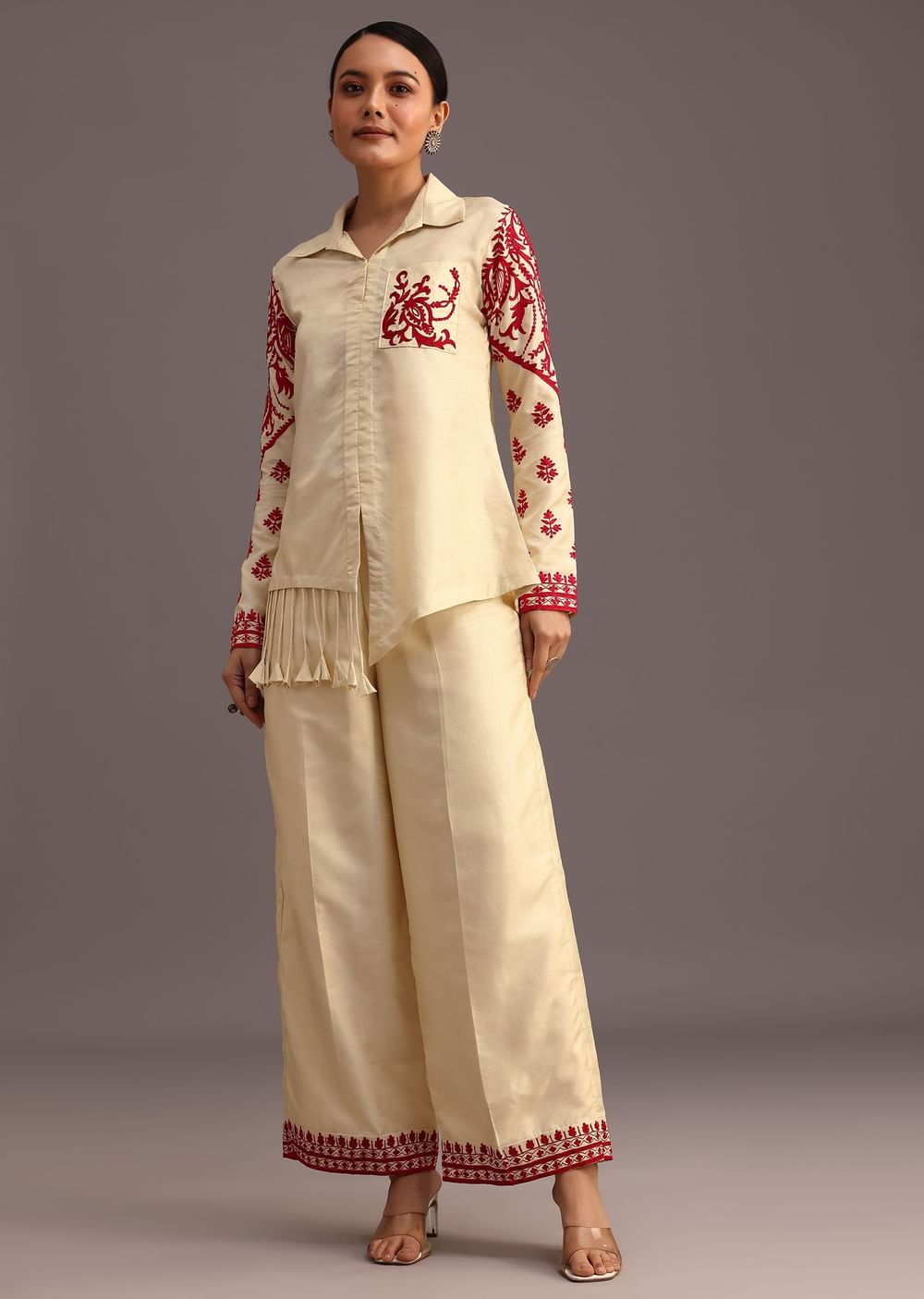 Red And Beige Thread Work Co-ord Set
