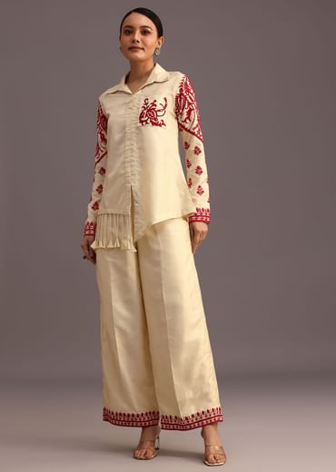 Red And Beige Thread Work Co-ord Set