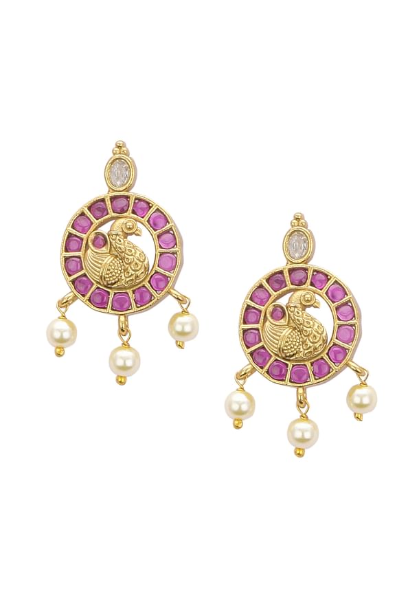 Red And Gold Rajwadi Style Kada Bangle With Enamel Detail And Pendant Drops
