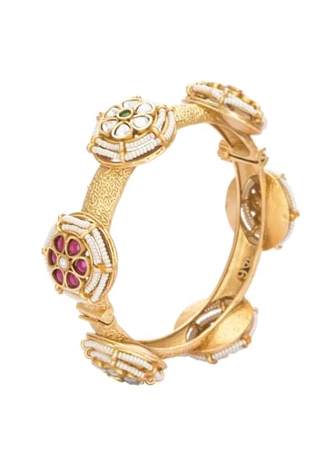 Red And Gold Rajwadi Style Kada Bangle With Kundan Stones