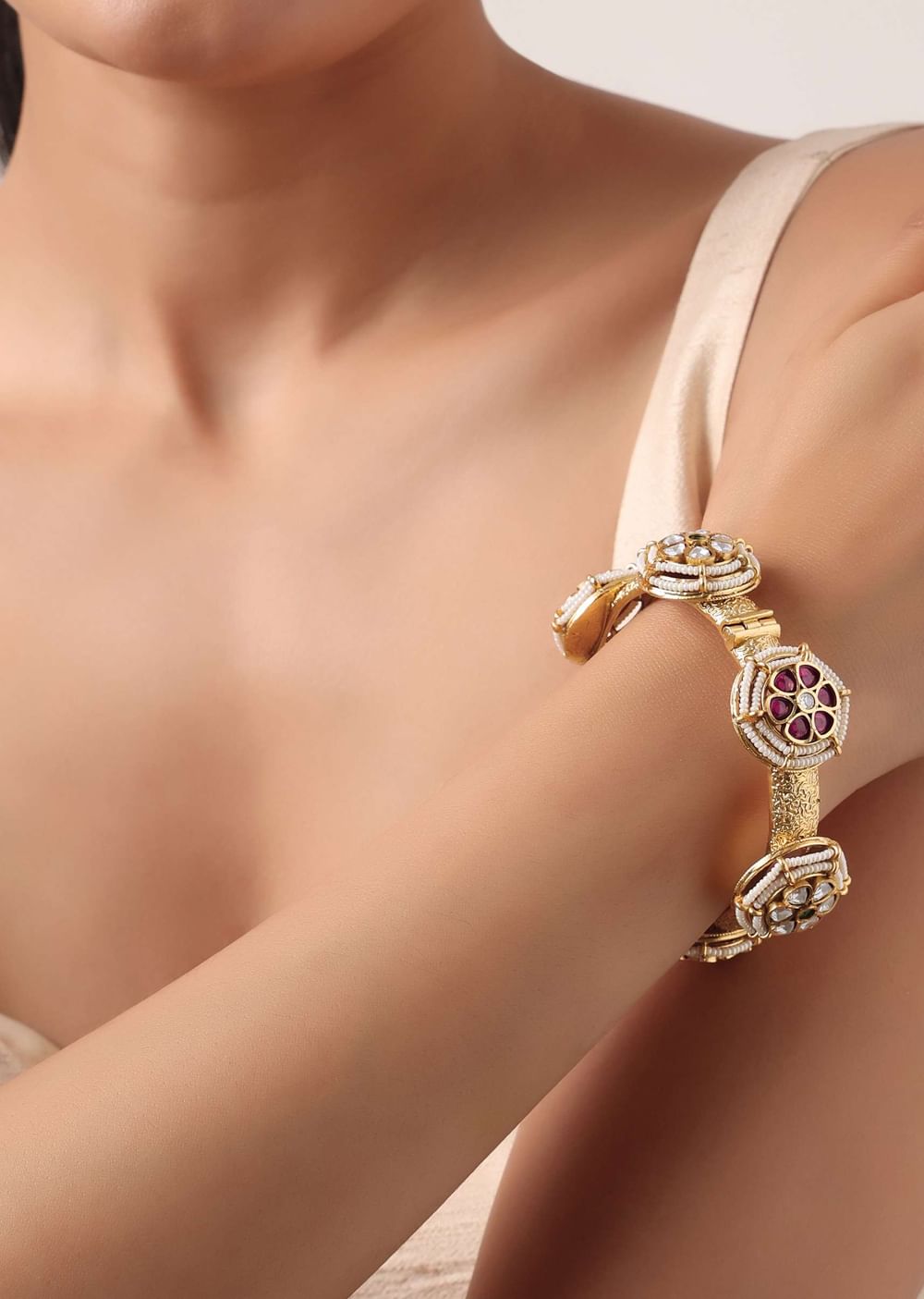 Red And Gold Rajwadi Style Kada Bangle With Kundan Stones