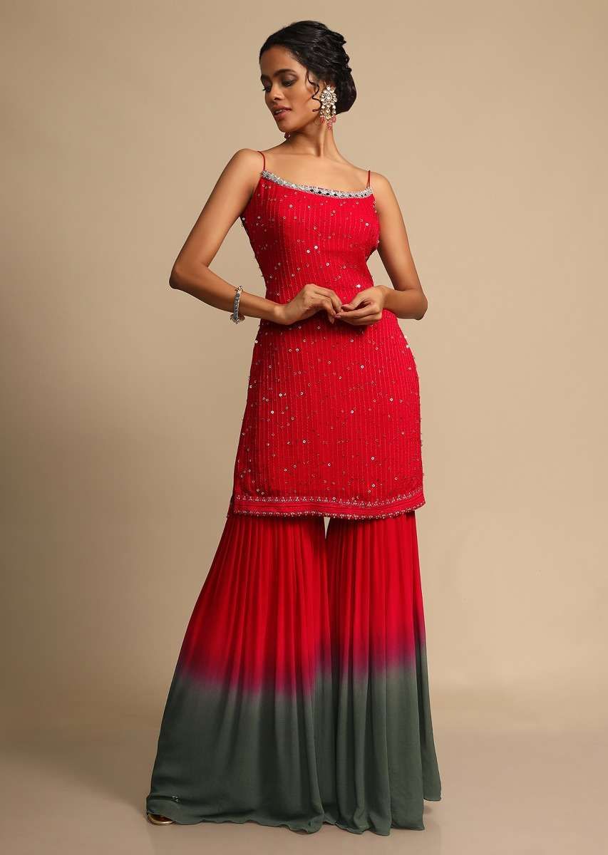 Red And Grey Shaded Sharara Suit In Georgette With Resham Embroidery  Online - Kalki Fashion