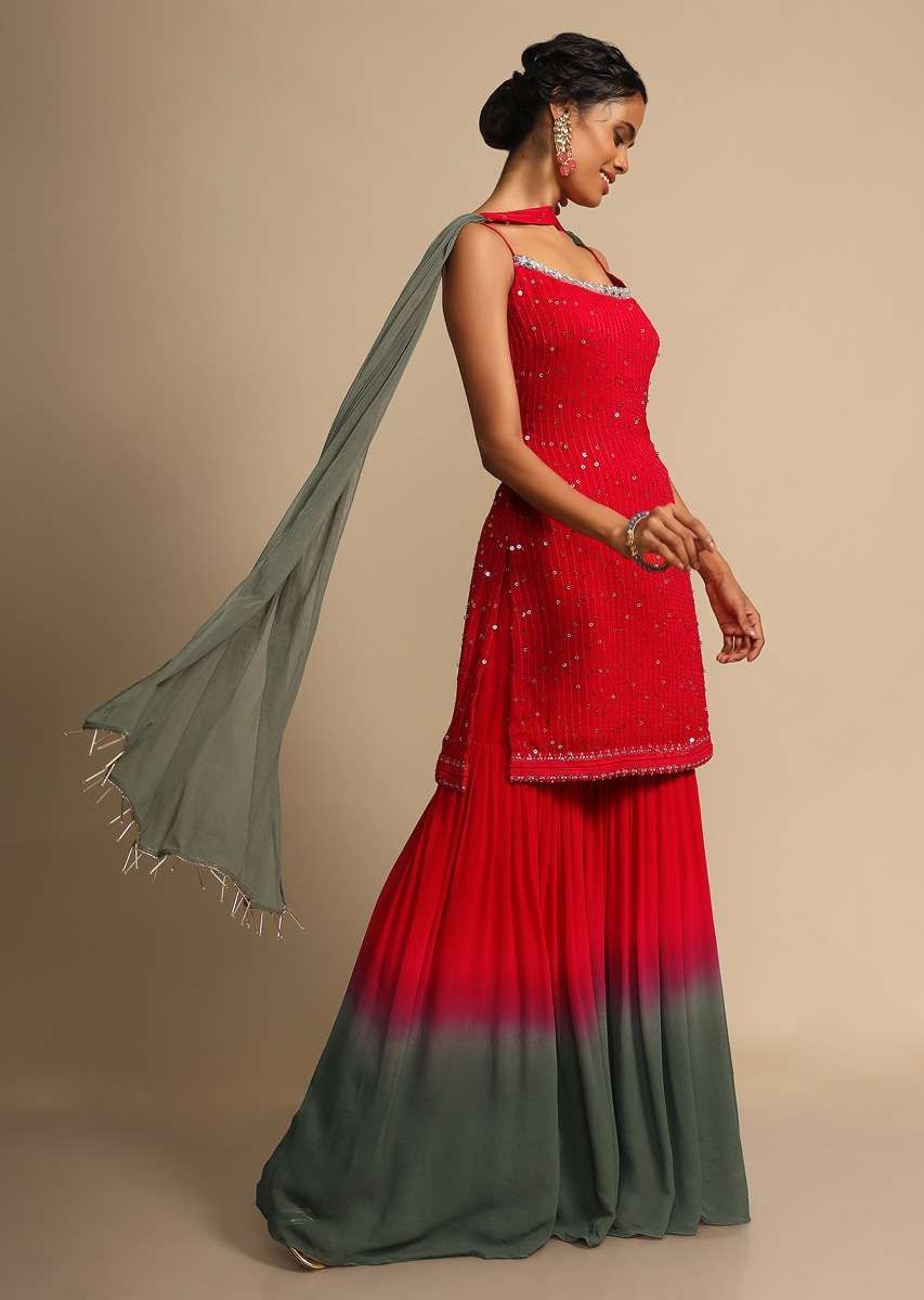 Red And Grey Shaded Sharara Suit In Georgette With Resham Embroidery  Online - Kalki Fashion