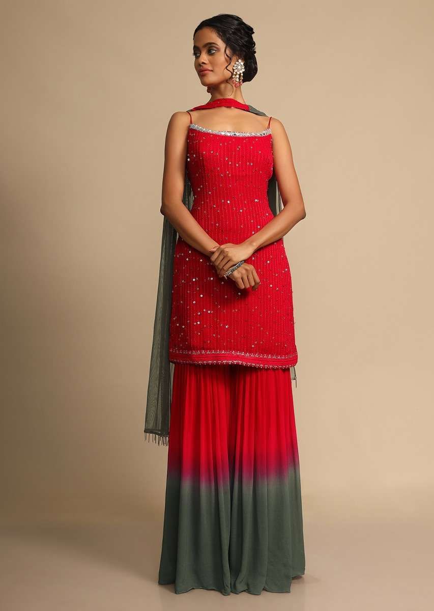 Red And Grey Shaded Sharara Suit In Georgette With Resham Embroidery  Online - Kalki Fashion