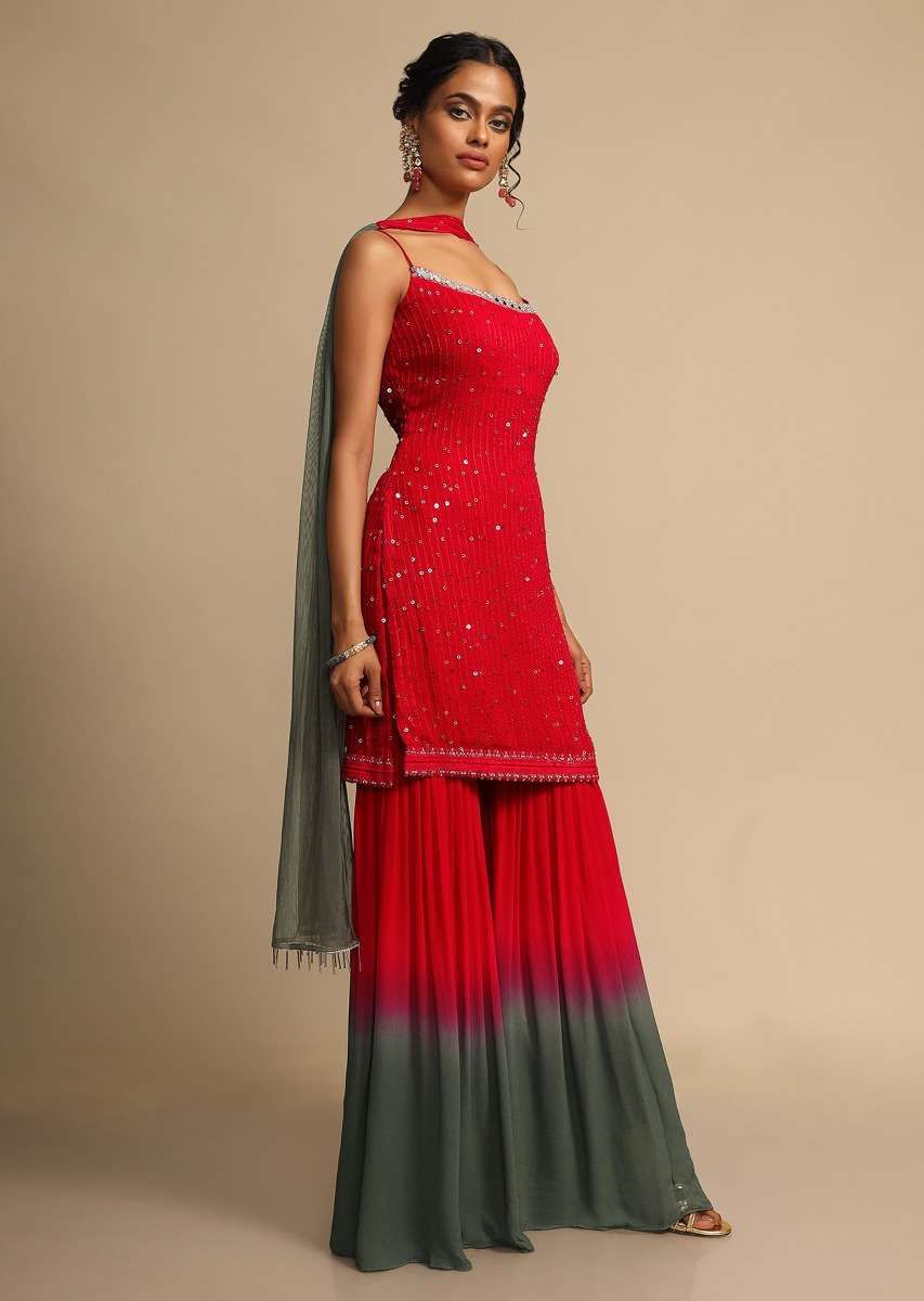 Red And Grey Shaded Sharara Suit In Georgette With Resham Embroidery  Online - Kalki Fashion