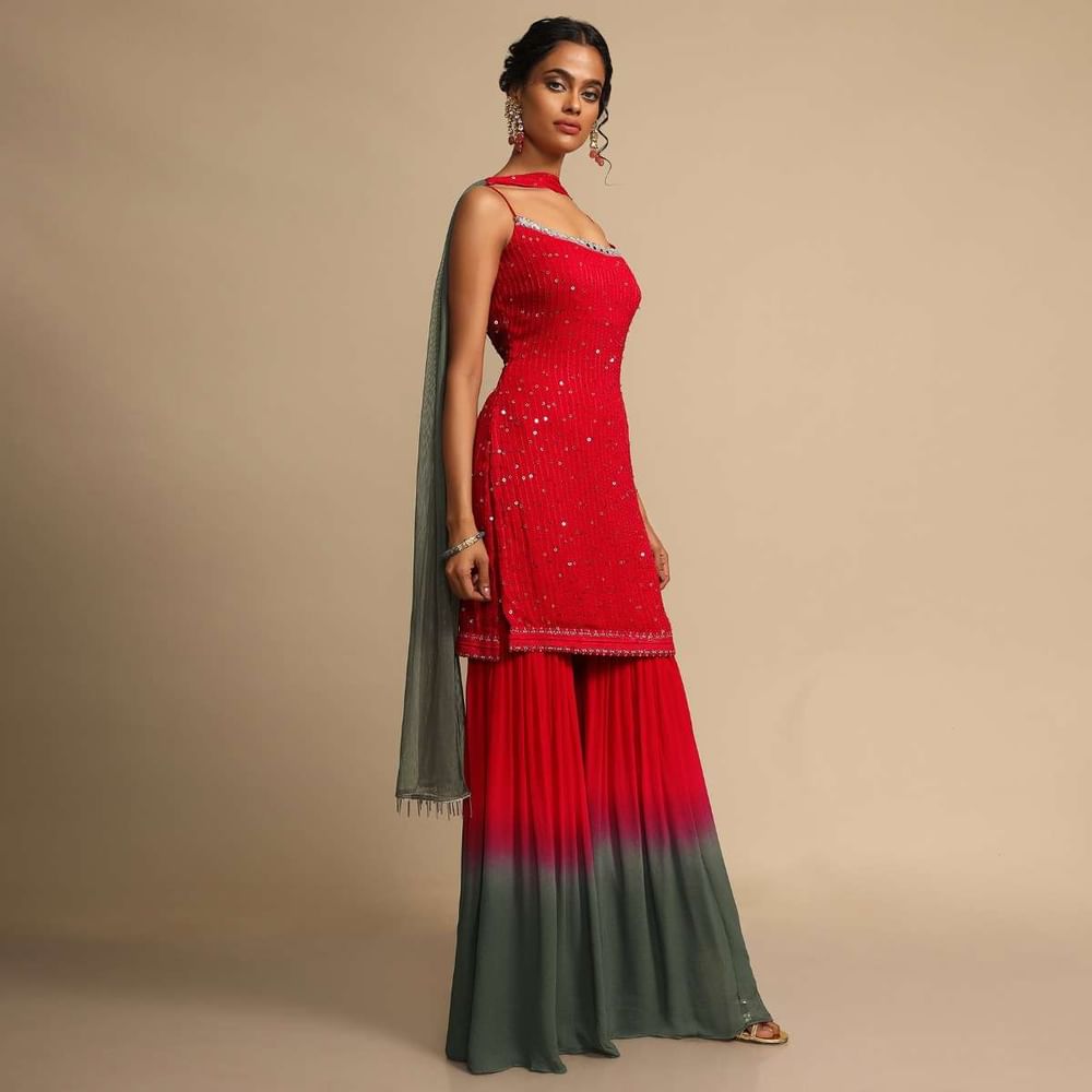 Red And Grey Shaded Sharara Suit In Georgette With Resham Embroidery  Online - Kalki Fashion