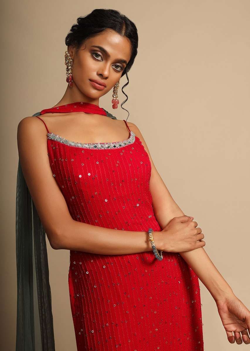 Red And Grey Shaded Sharara Suit In Georgette With Resham Embroidery  Online - Kalki Fashion