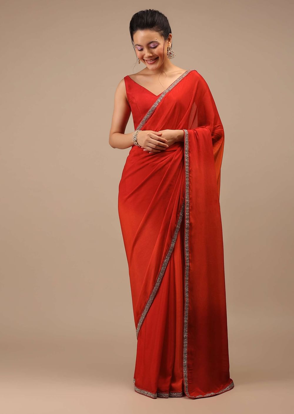 Red And Orange Chiffon Saree With Cut Dana Embroidery Buttis