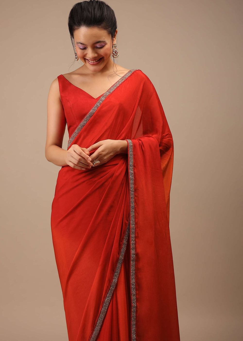 Red And Orange Chiffon Saree With Cut Dana Embroidery Buttis