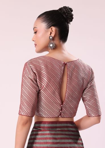 Red And Silver Striped Chanderi Tissue Saree With Pipe Finish Stitched Blouse