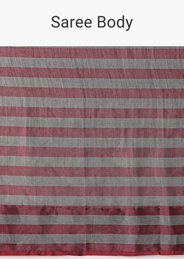 Red And Silver Striped Chanderi Tissue Saree With Pipe Finish Stitched Blouse