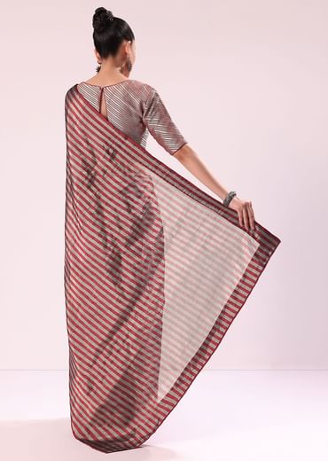 Red And Silver Striped Chanderi Tissue Saree With Pipe Finish Stitched Blouse