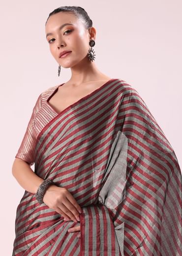 Red And Silver Striped Chanderi Tissue Saree With Pipe Finish Stitched Blouse
