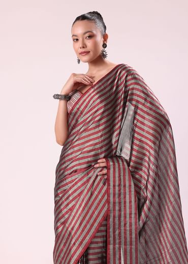 Red And Silver Striped Chanderi Tissue Saree With Pipe Finish Stitched Blouse