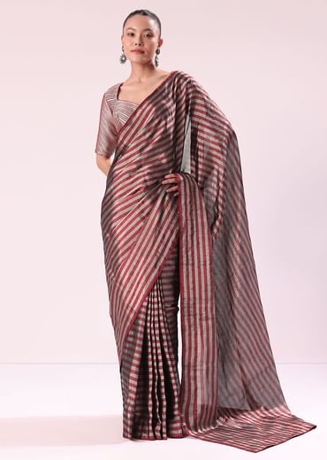 Red And Silver Striped Chanderi Tissue Saree With Pipe Finish Stitched Blouse
