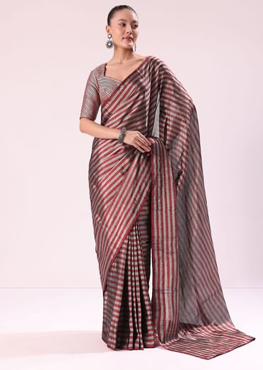 Red And Silver Striped Chanderi Tissue Saree With Pipe Finish Stitched Blouse