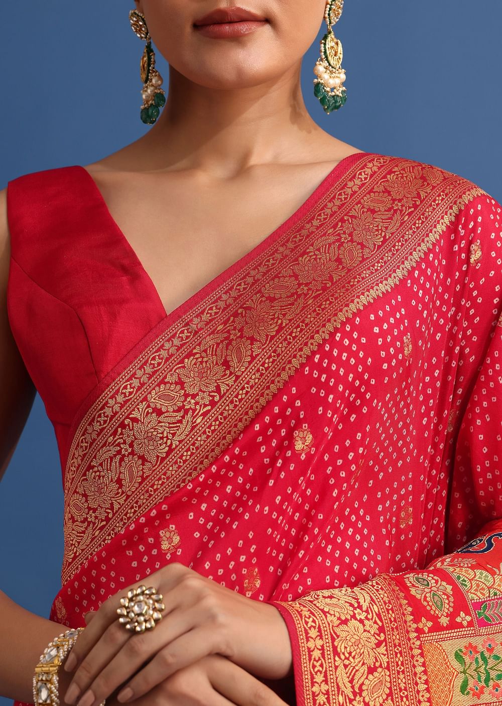 Red Banarasi Bandhani Satin Saree With Traditional Brocade Motifs On Border