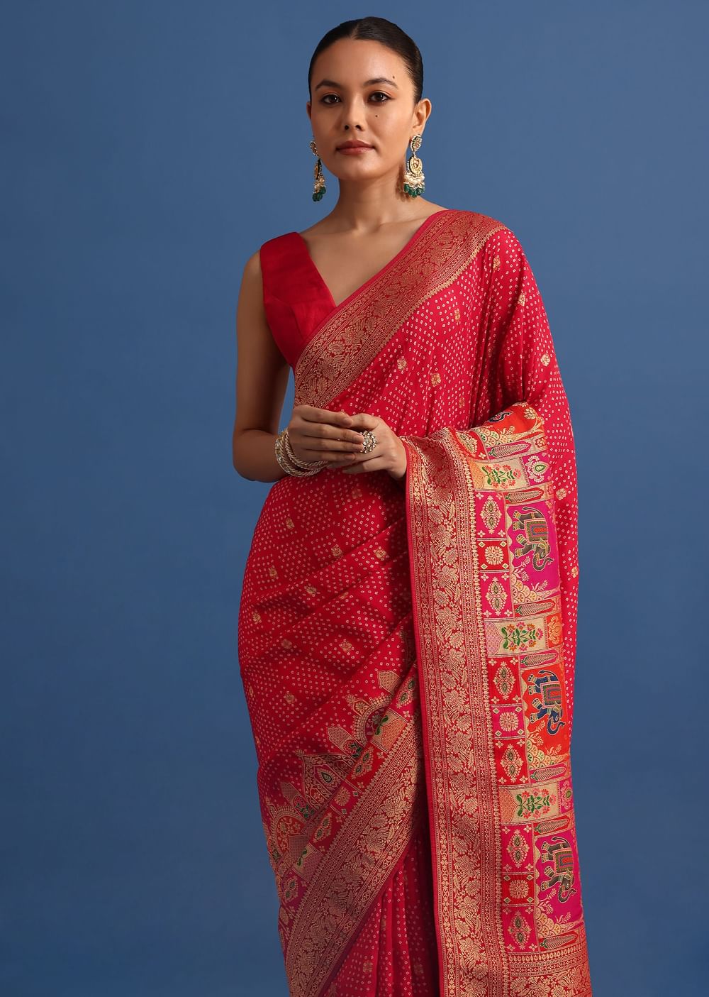 Red Banarasi Bandhani Satin Saree With Traditional Brocade Motifs On Border